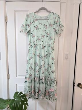 Floral Lace Mint Green Dress with Lace Ruffle Hem